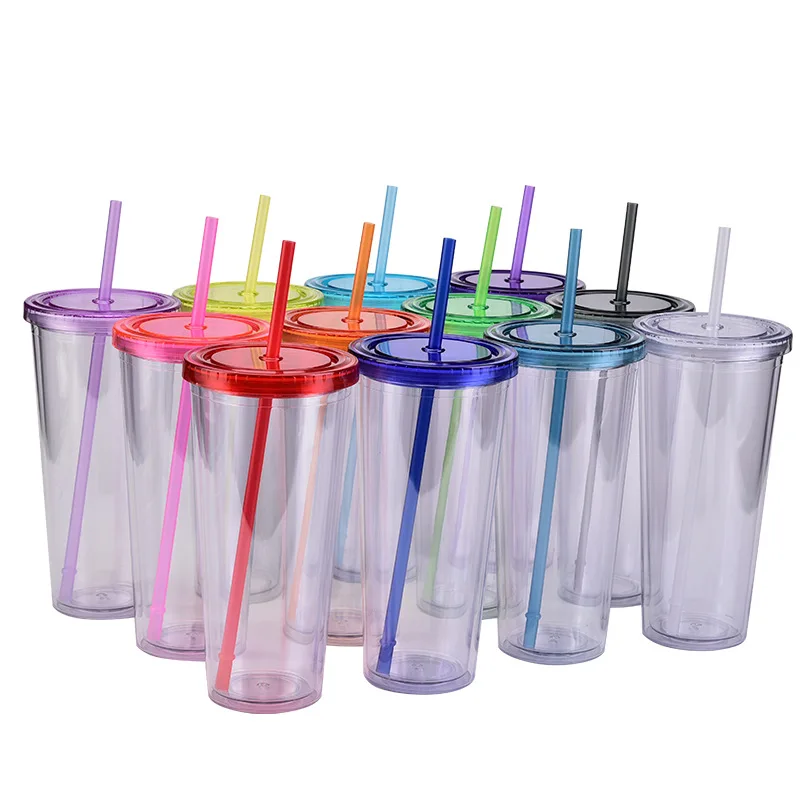 24OZ/700ml Double Wall Plastic Tumbler with Straw & Lid (Coral Red, Paint)