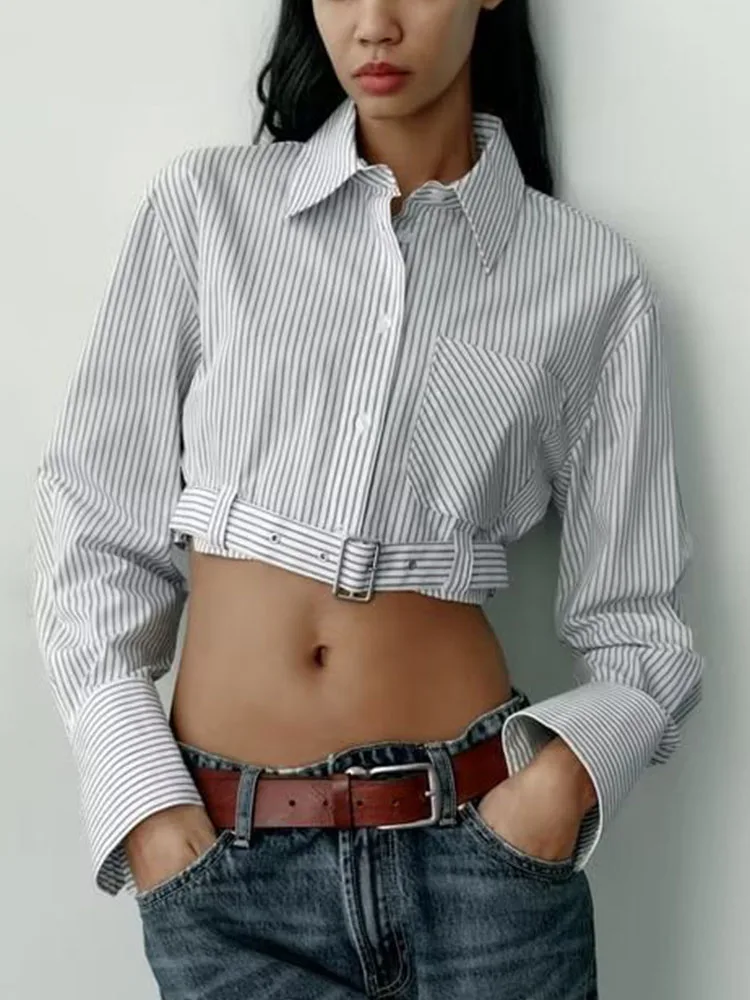 

Женская однобортная блузка в полоску, с поясом и длинным рукавом