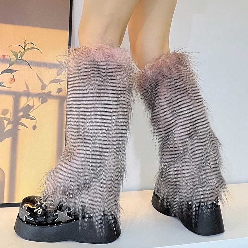 Y2K Goth Furry Faux Fur Women Leg Warmers Boot Covers Harajuku Lolita Girls Punk Fashion Cute Jk Hipster Warm Fluffies Leggings