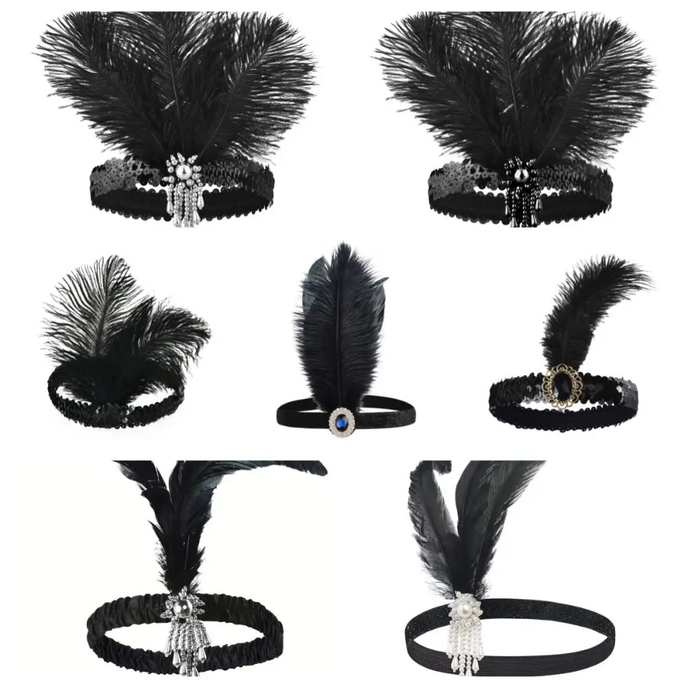 Elegant Black Tassel Feather and Diamond Hair Band