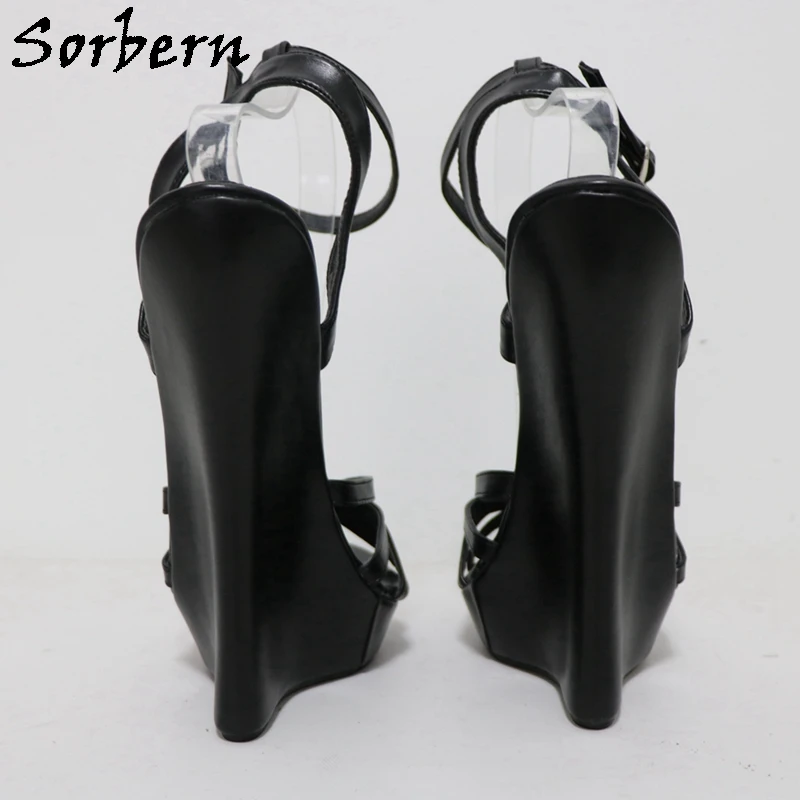 Sorbern Black Matt Slingback Women Sandals Narrow Back Wedge High Heels Thin Straps Unisex Fetish Shoe Sissy Boy Color