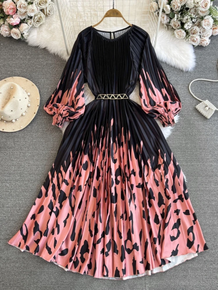 

Женское плиссированное платье с круглым вырезом, длинным рукавом и высокой талией