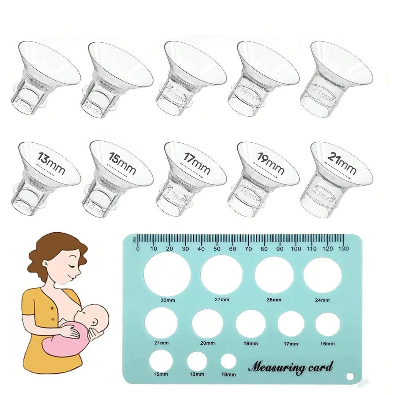 Flange Sizing Kit with 10PCS Flange Inserts 13/15/17/19/21mm, Nipple Measurement Tool, Silicone Breast Pump Flange Insert Kit