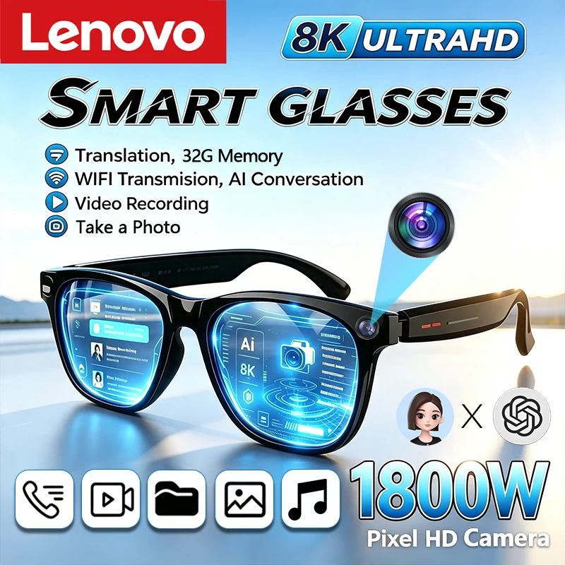 Occhiali Intelligenti AI Lenovo 8K HD con Controllo Touch, Fotocamera, Registrazione, Ascolto Musica, Traduttore, Assistente Vocale, Occhiali da Sole Smart