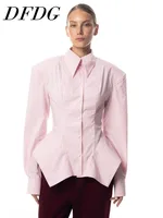 Chemise Femme DFDG Printemps-Été à Col Revers Rayée Ajustée à Ourlet Asymétrique – Tendance Féminine 2026 pour Bureau et Rendez-vous 1