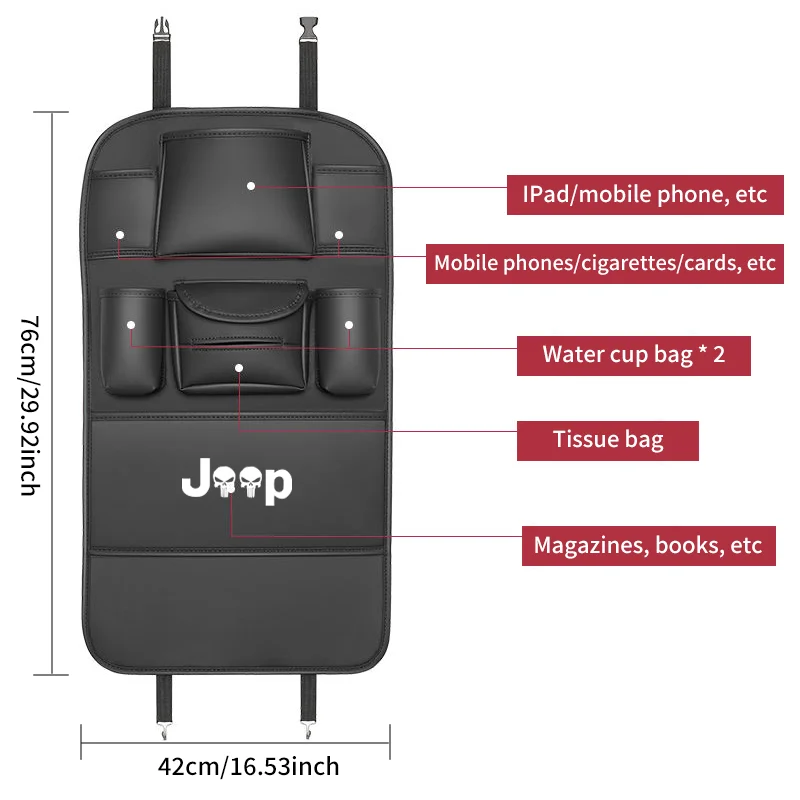 All in One Car Seat Back Storage Bag For Jeep Renegade Compass Wrangler JK JL Grand Cherokee Auto Organizer with Tissue Holder