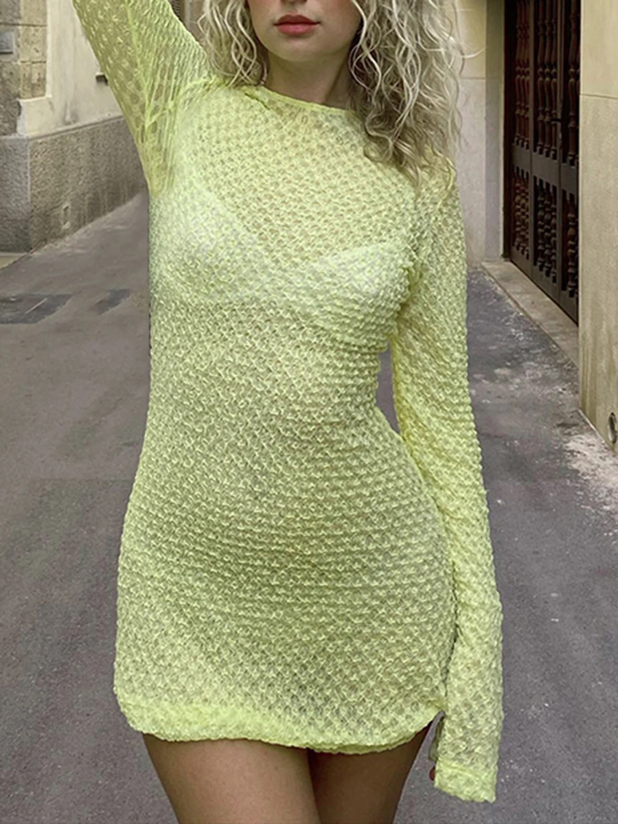 

Женское мини-платье с длинным рукавом и открытой спиной, однотонное облегающее платье с круглым вырезом, прозрачное пляжное платье