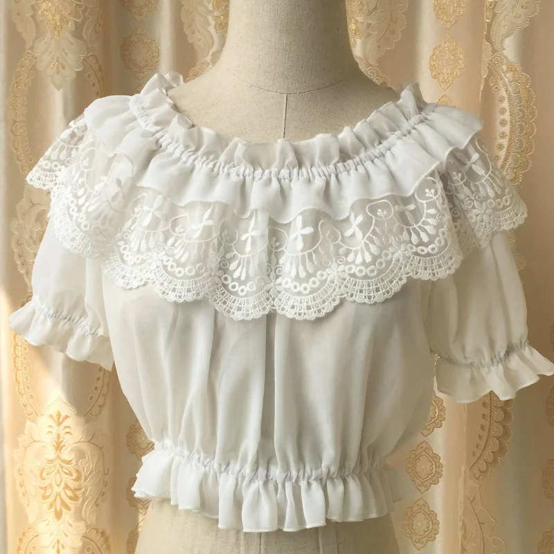 Women Sheer Mesh Puff Sleeve Tops lolita blouses Sweet Princess Lolita Tops Kawaii Lace Ruffled Bottoming Tube Mori Girl Bottom Blouses
