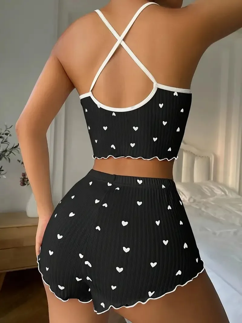 Women Pajamas Set Summer Heart Print Silk Stain Sleepwear V-Neck Sleeveless Casual Cami Top and Shorts Sets Loungewear