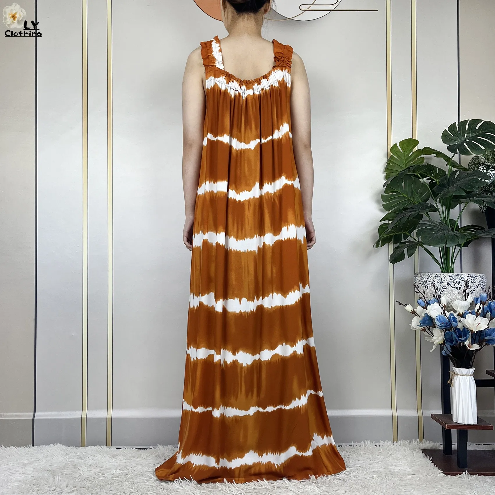 New Dubai Fashion Elegant Women Summer Sleeveless Cotton Printed Flowers Loose Dress African Dashiki Maxi Lady Dress With Scarfs