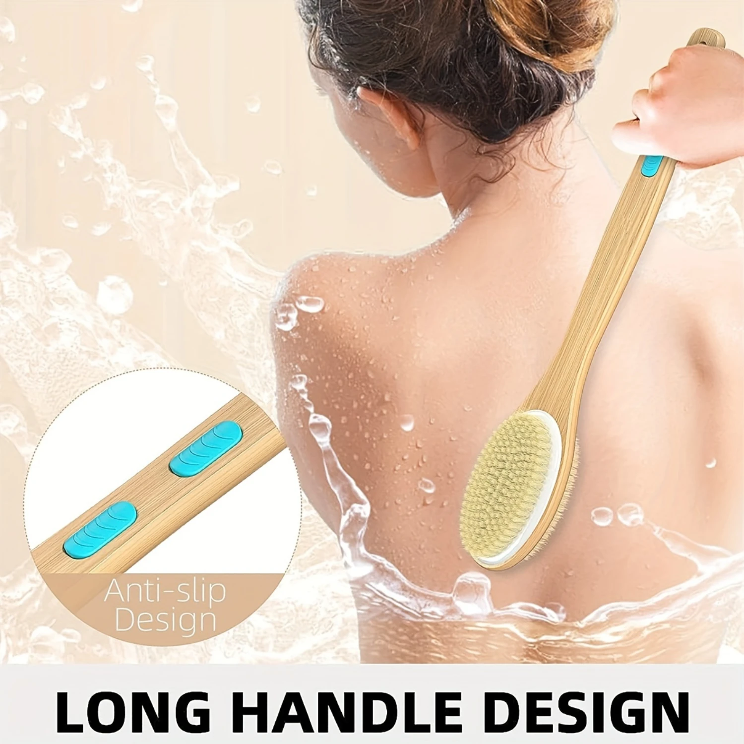 Refresh" Dual-Sided Long Handle Shower Brush-Soft & Stiff Bristles For Wet Or Dry Body Exfoliation, Nylon Fiber, Fragrance-Fre