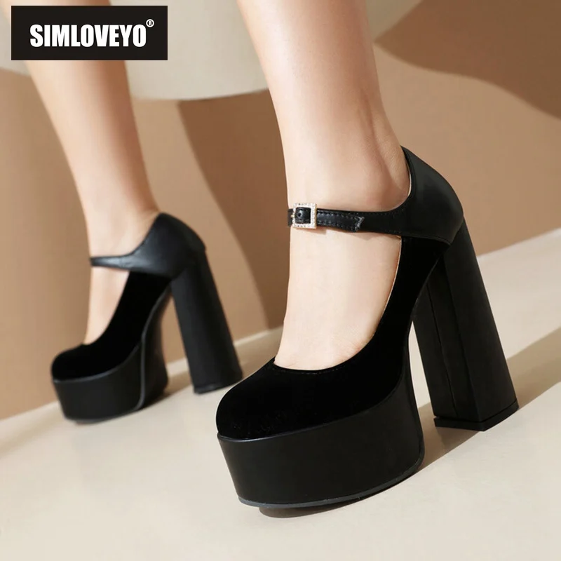 

SIMLOVEYO 2024 New Mary Janes Women Pumps Shoes Round Toe 14cm Thick Block Heel 5cm Platform Suede Leather Buckle Big Size 41 43