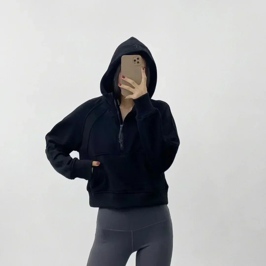 Lemon Women's Winter New style Half Zipper Scuba Pullover Thickened Plush Hooded Embroidery Sweater Loose Sweater