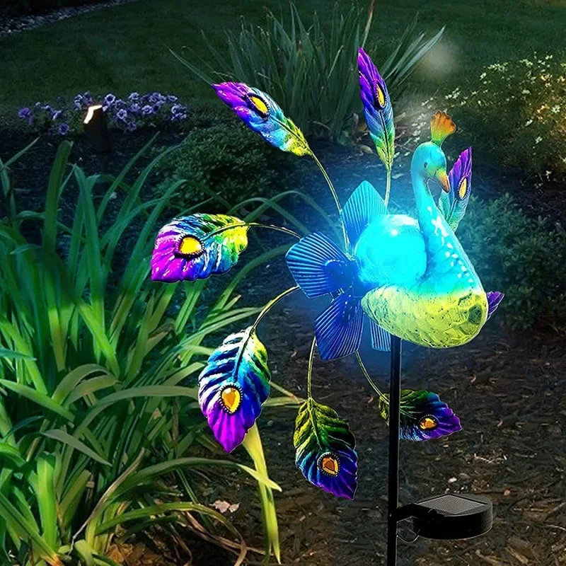 Iron Solar Peacock Windmill Garden Light 3D Hummingbird Pinwheel ...