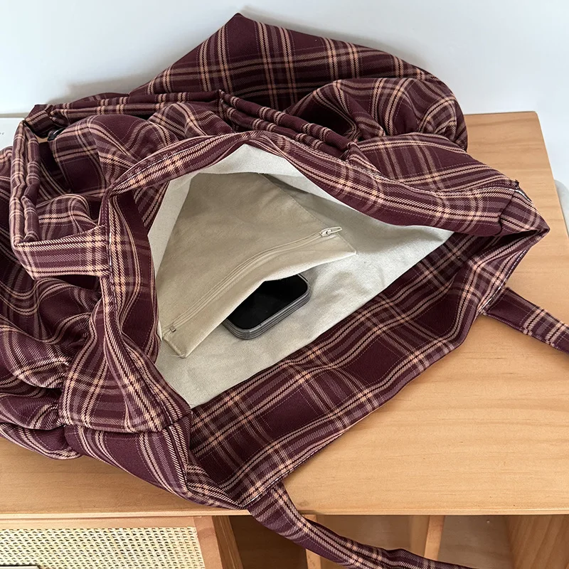 Plaid Canvas Casual Totes Women England Style Strips Shoulder Bags Large Capacity Cloth Shopper Bags Korea Style Cotton Packages