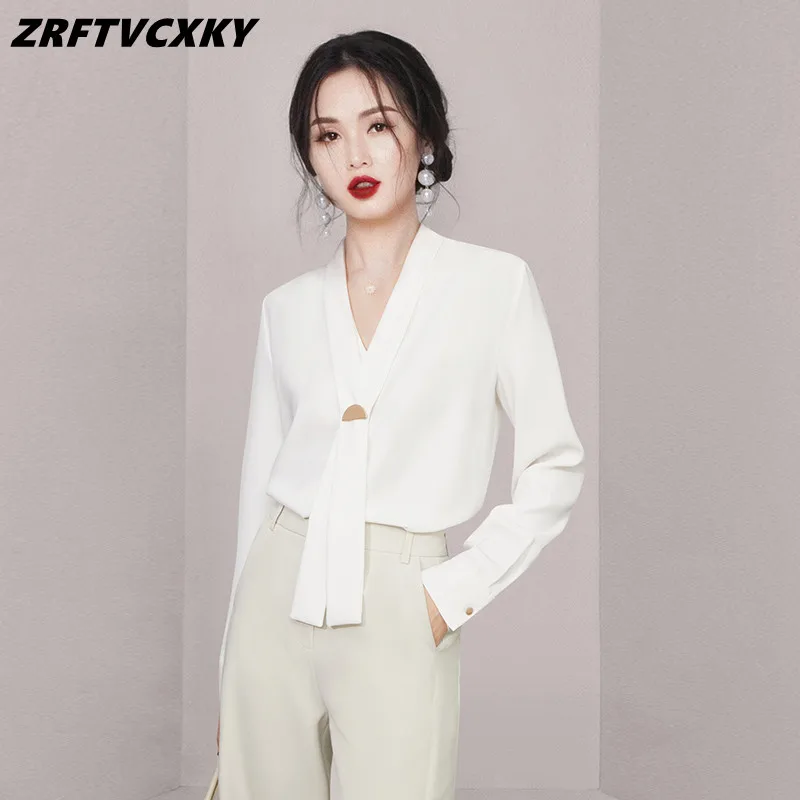

Autumn Simple Office Lady Blouse Female Fashion Necktie Shirt Tops Long Sleeve Casual Korean OL Style Loose Blouses Women