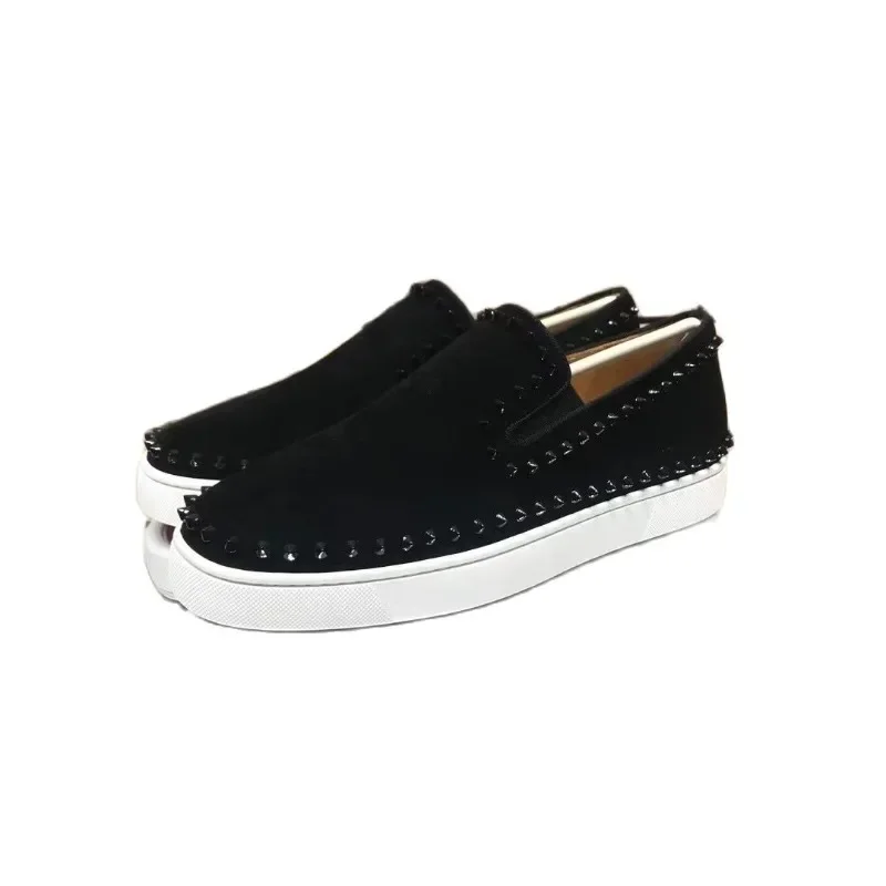 Low Cut Mens Luxury High Quality Trainers Driving Spiked Bar Black Suede Genuine Leather Circle Rivets Flats Sneakers Shoes