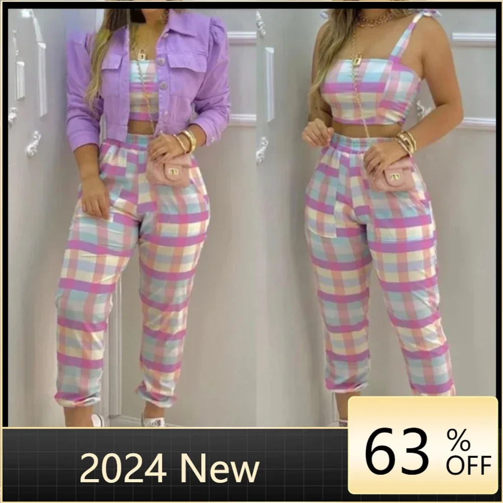 Plaid Colorblock Crop Top & Pocket Design Pants Set Women Sleeveless Camis Tanks Tops High Waist Pants Summer Spring