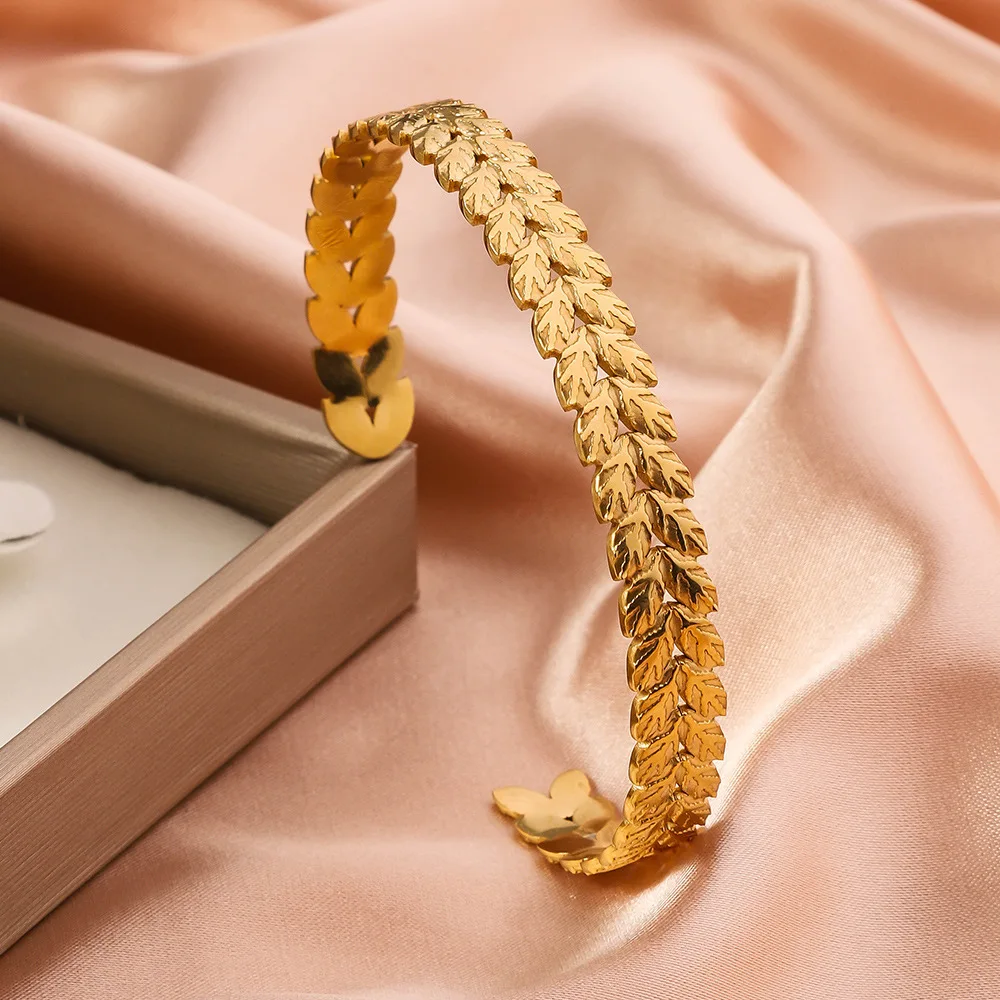 Women's Retro Adjustable Leaf Shaped Bangle Bracelet, Non Fading Exaggerated Stainless Steel Gold Color Metal Bracelet