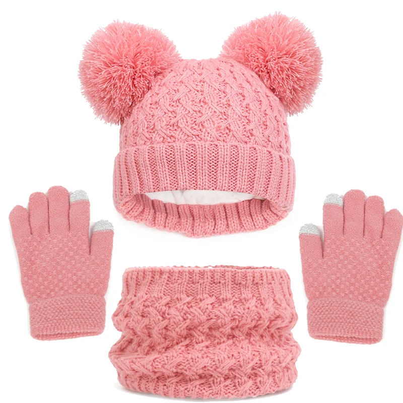 Imitation Cashmere Winter Baby Hat Gloves Scarf Set Fleece Warmer Scarves Thick Knitting Hats Boy Girl Cute Pompom Kids Beanie 3