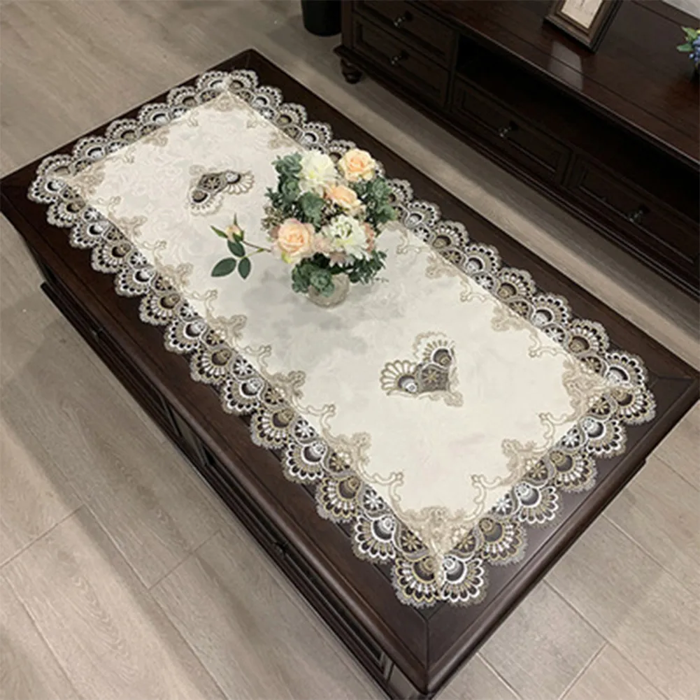 

Elegant Coffee Tablecloth with Embroidered Design European Tea Table Cover in Vintage Lace with Hollow Carved Details