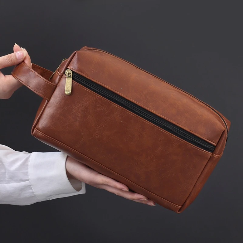 Men Leather Travel Business Shaving Cosmetic Bag Storage Portable Toiletry Bag Large Capacity Organizer Handheld Make Up Bag
