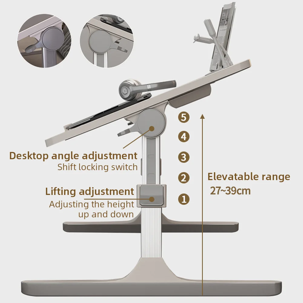 Adjustable Laptop Desk For Bed With Bookshelves Drawers Adjustable Heights 9.4 "-12.6" Aluminum Alloy Bracket Computer Table