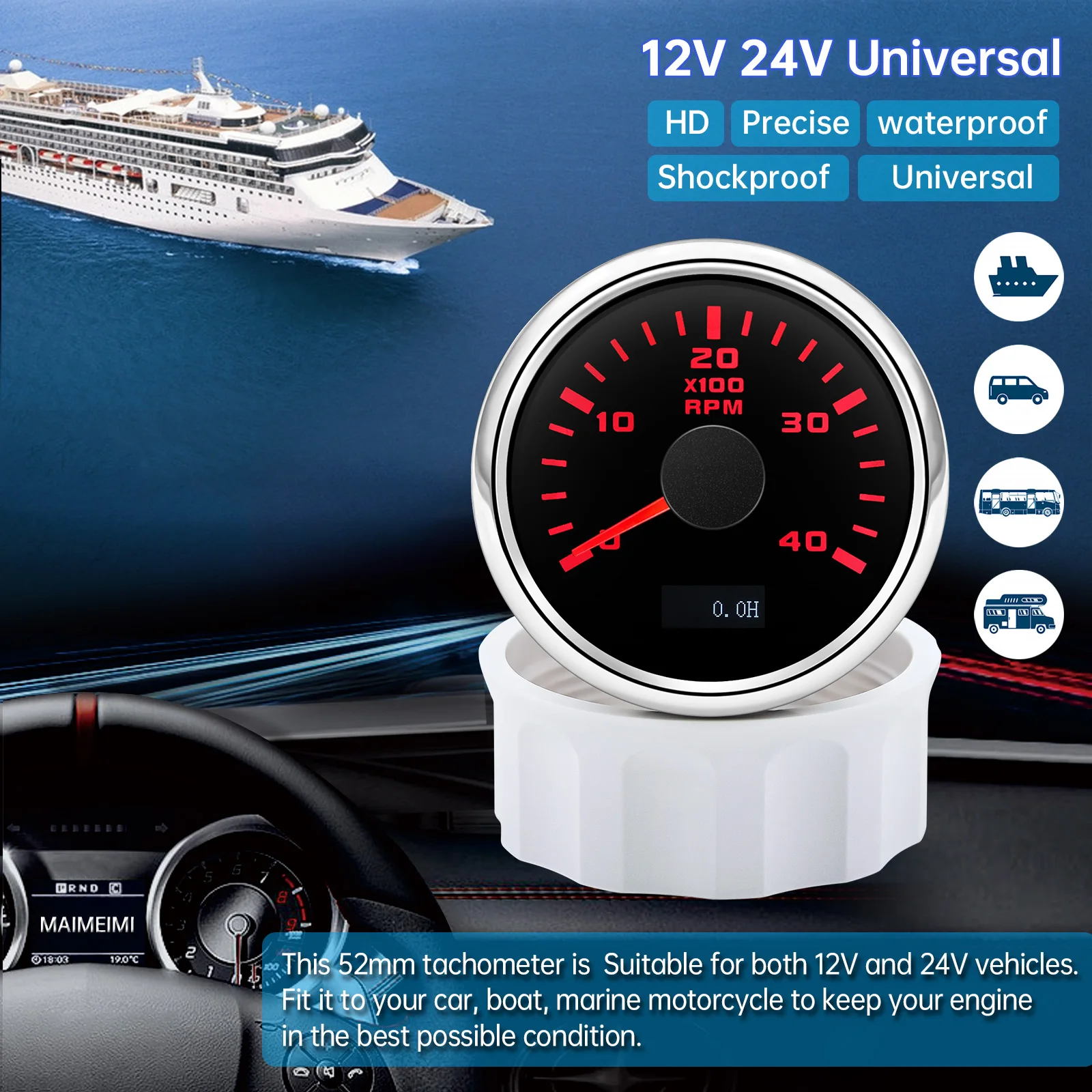 52mm Tachometer With Red Backlight 3000/4000/6000/7000/8000RPM Tacho Gauge Sensor M16 M18 for 12V Gasoline Diesel Car Boat Yacht tachometer gauge,engine tachometer,tachometer meter