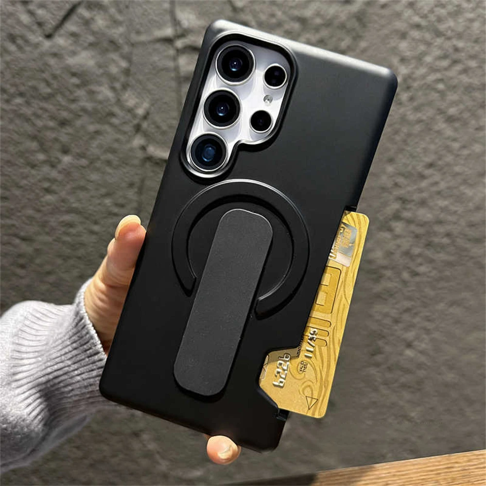 Slide-Mounted Card Holder Magnetic Phone Case with Folding Stand and Shockproof Frosted Cover