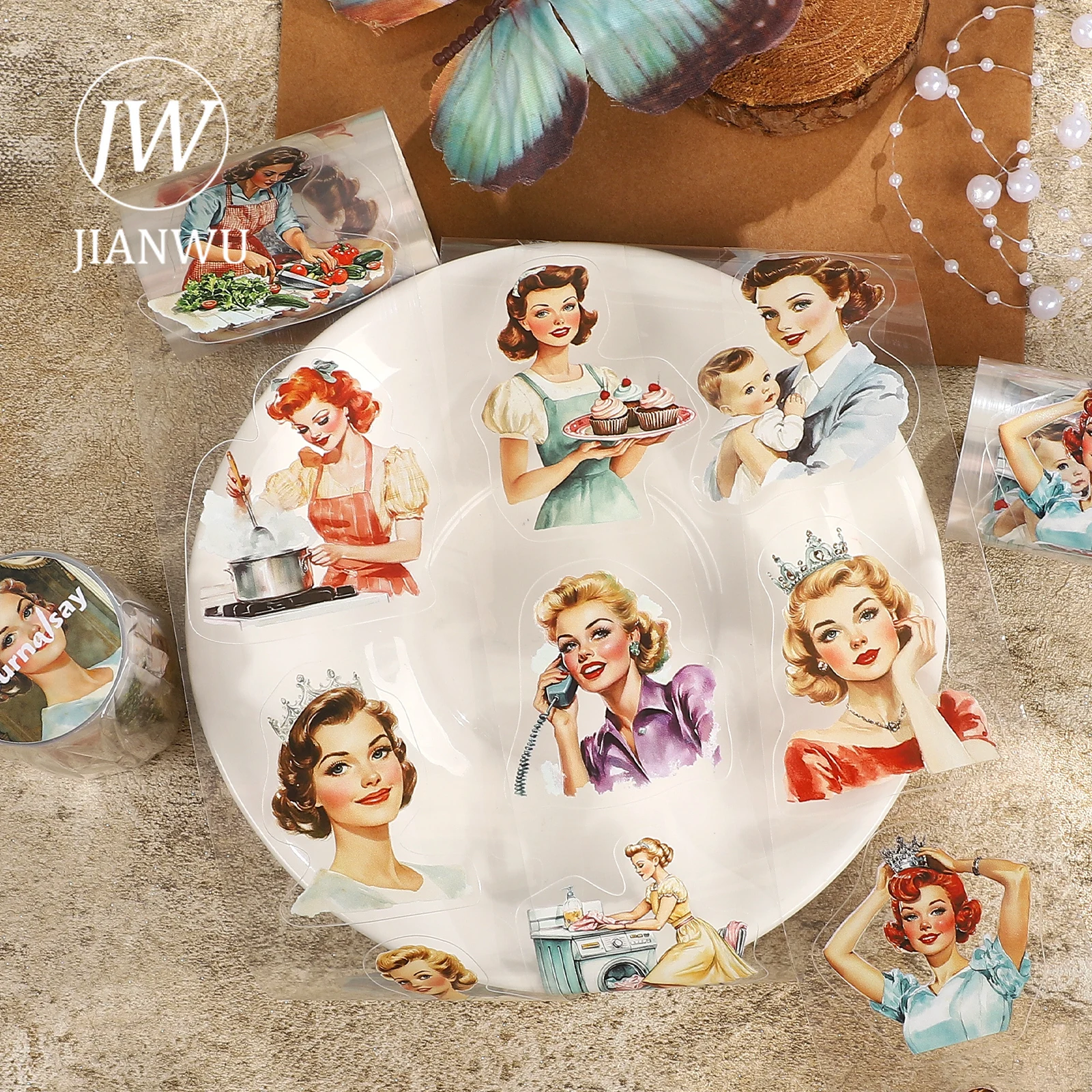 JIANWU 60mm * 200cm 빈티지 주부 캐릭터 풍경 소재 콜라주 스크랩북 PET 테이프 크리 에이 티브 DIY 저널 문구