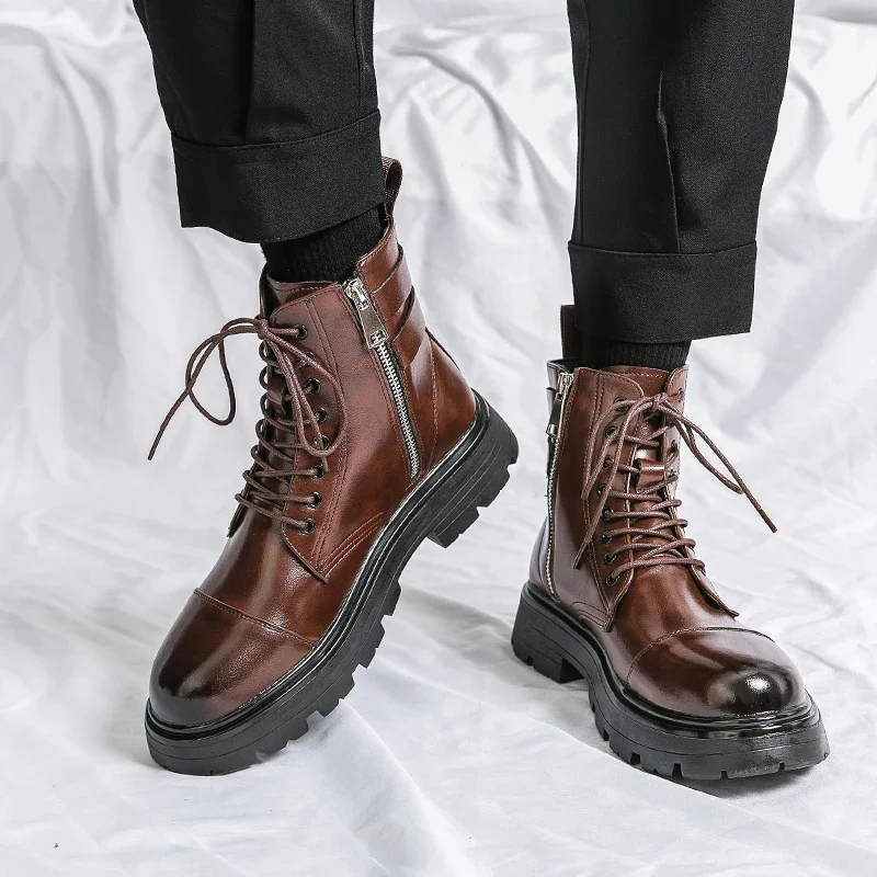 Mens Leather Boots Motorcycle Leather Boots Winter Boots Fashion Brown Leather Men's High Boots Motorcycle Men Outdoor Thick Bottom Round Head Waterproof Ankle