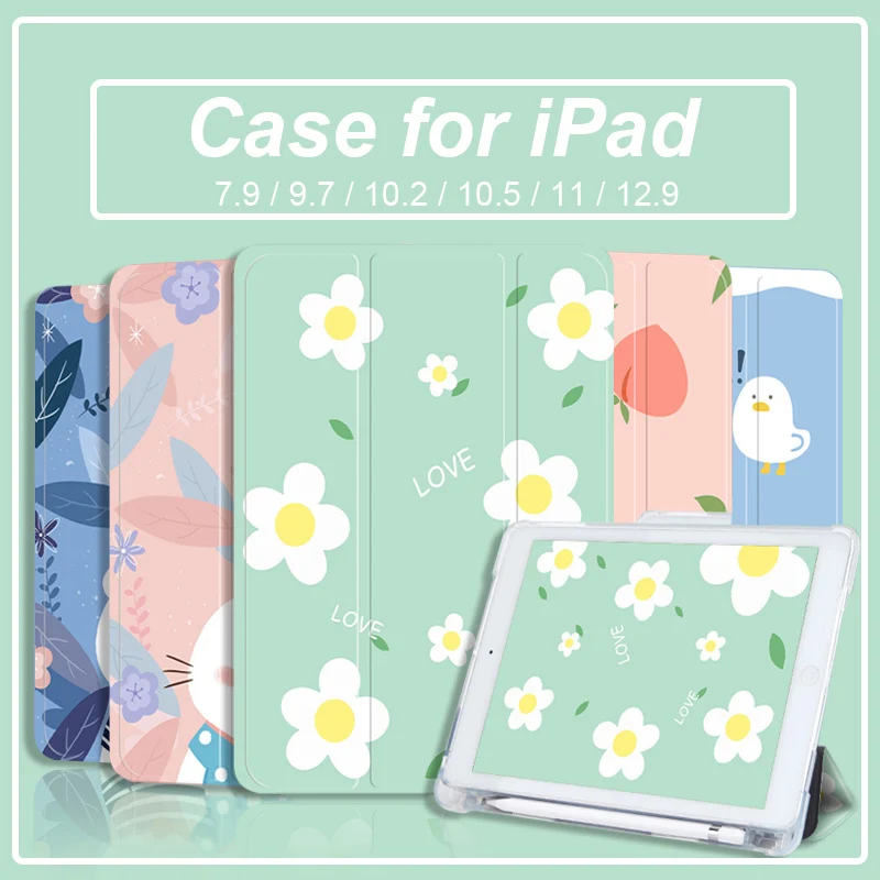 Case for iPad 8th 9th Generation 2020 7th 9 10.2 Air 2/3/4 Pro 11 2021 10.5 Mini 4/5 Pencil Holder Tablet Transparent Back Cover