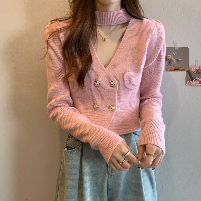 Cropped Cardigan Women Formal V-neck Puff Sleeve Temperament Halter Autumn Winter Popular Chic French Style Elegant Advanced 4