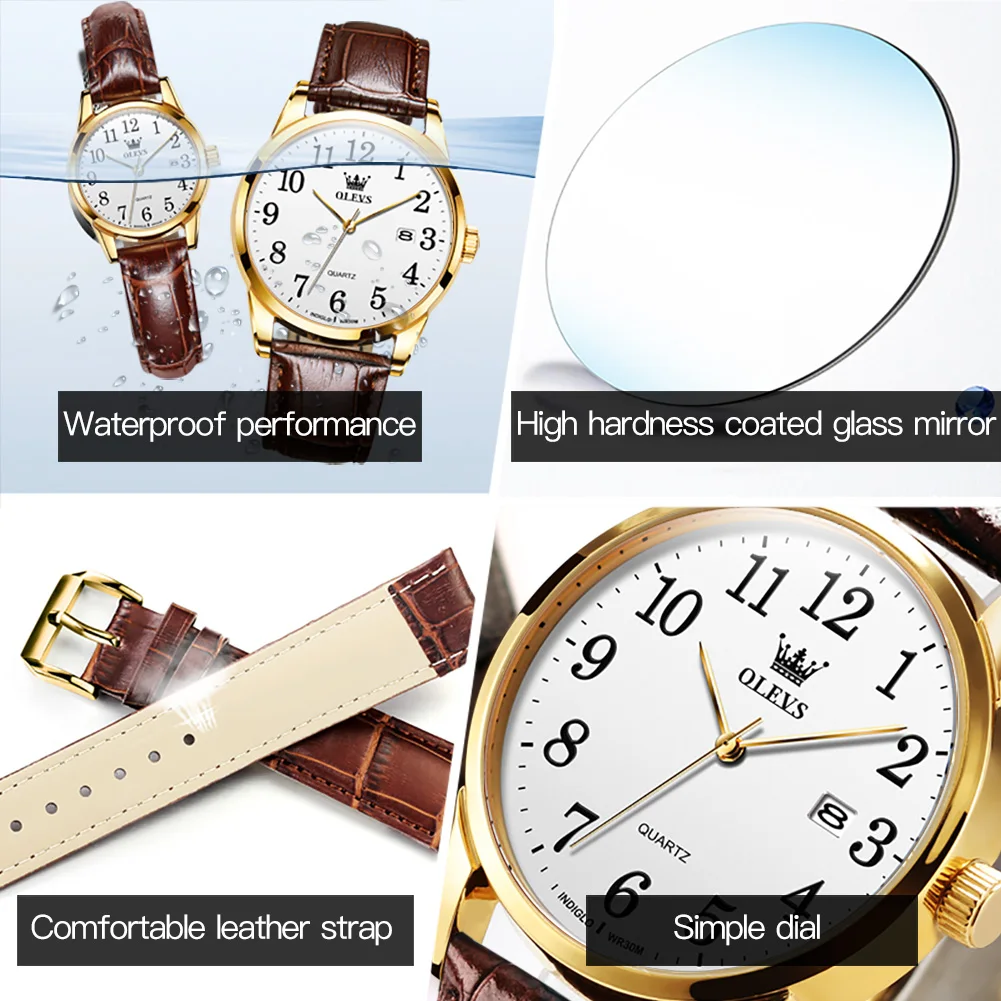 OLEVS Couple Watches Leather Strap Wrist Watch for Men and Women Simple Date Dial Waterproof Business Couple Watches Clock Reloj