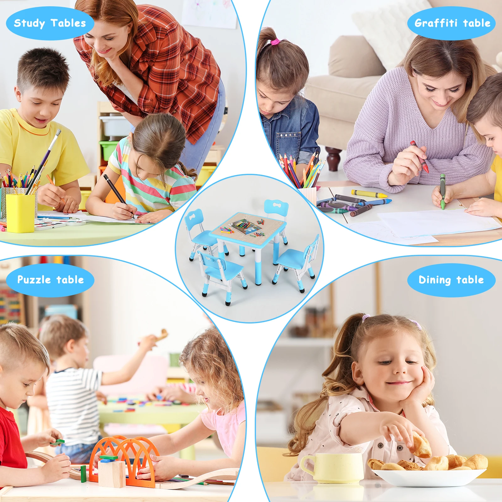 AOOU Kids Table and 4 Chairs Set, Height Adjustable Toddler Study Table Set, Multi-Activity Art Table Graffiti Desktop Age 2-10 5