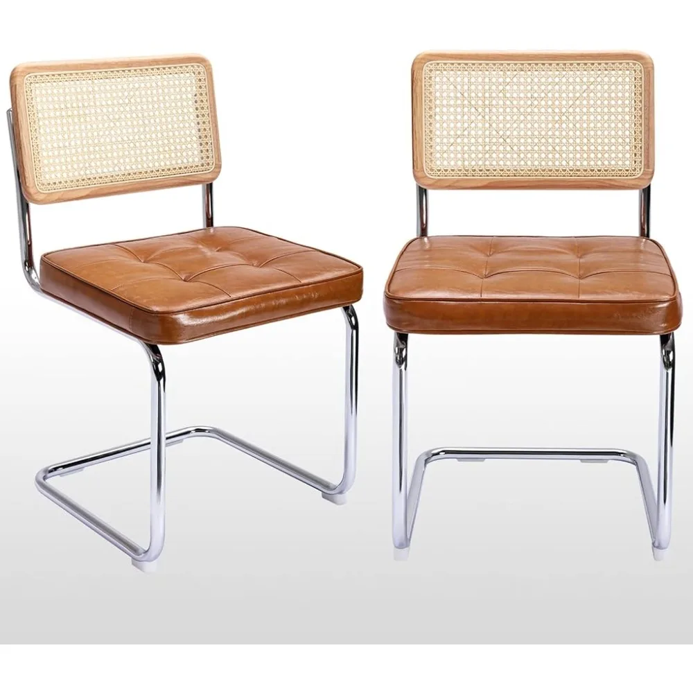 

Mid-Century Modern Dining Chairs, Upholstered Tufted Faux Leather Accent Chairs Rattan Dining Chairs Set of 2