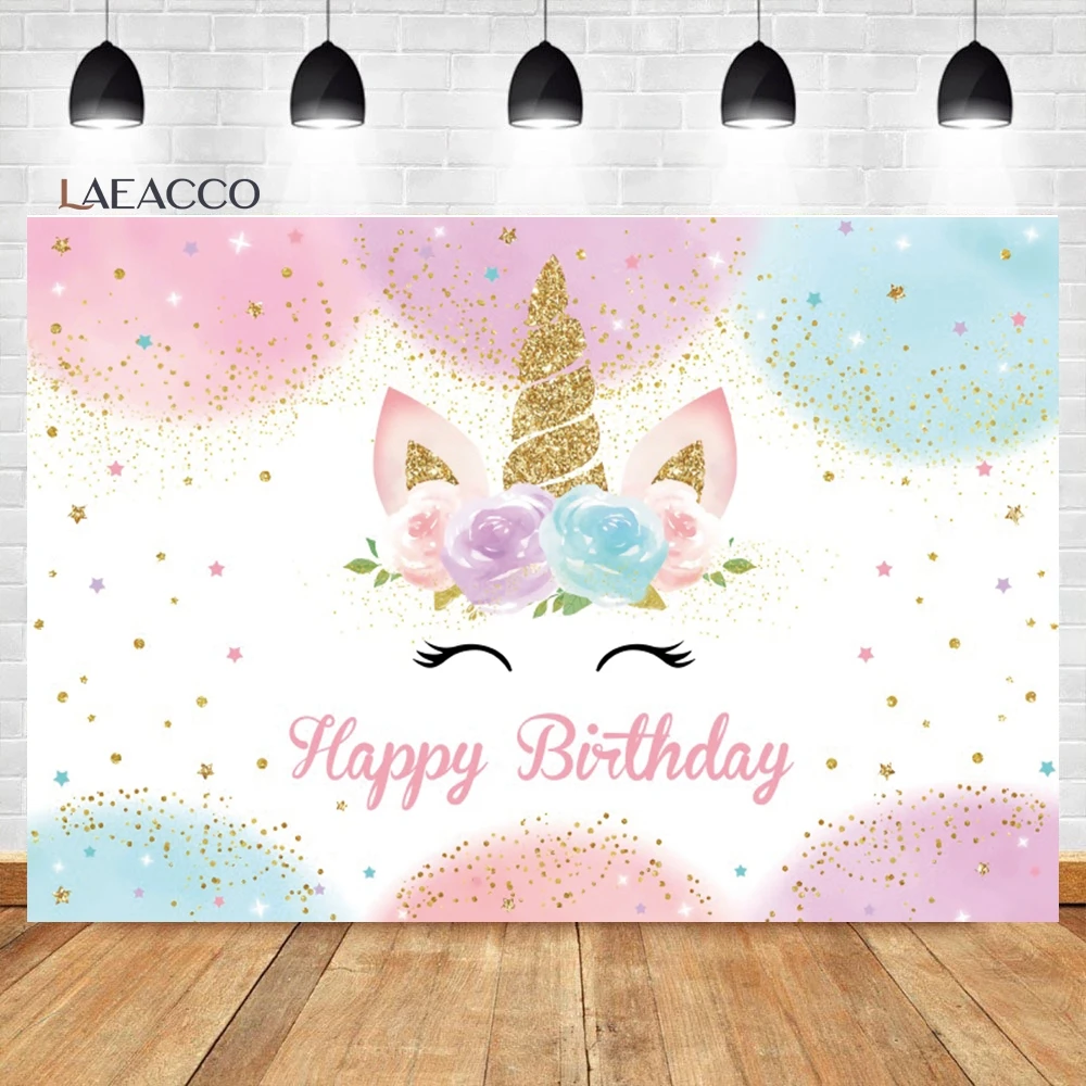 Laeacco Unicorn Birthday Party Backdrops Rainbow Clouds Stars Flowers Light Bokeh Newborn Baby Shower Photography Backgrounds for photo backdrop