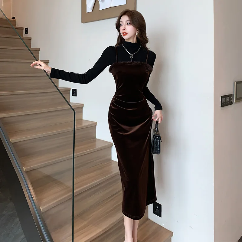 Velvet Vintage Womens Dresses Two-piece A-line French Women's Elegant Dresses Autumn and Winter New Long Dresses for Women warm knitted dress 2 piece set womens outfits vintage beading ribbed knit vest and bottoming sweater autumn winter dresses suits