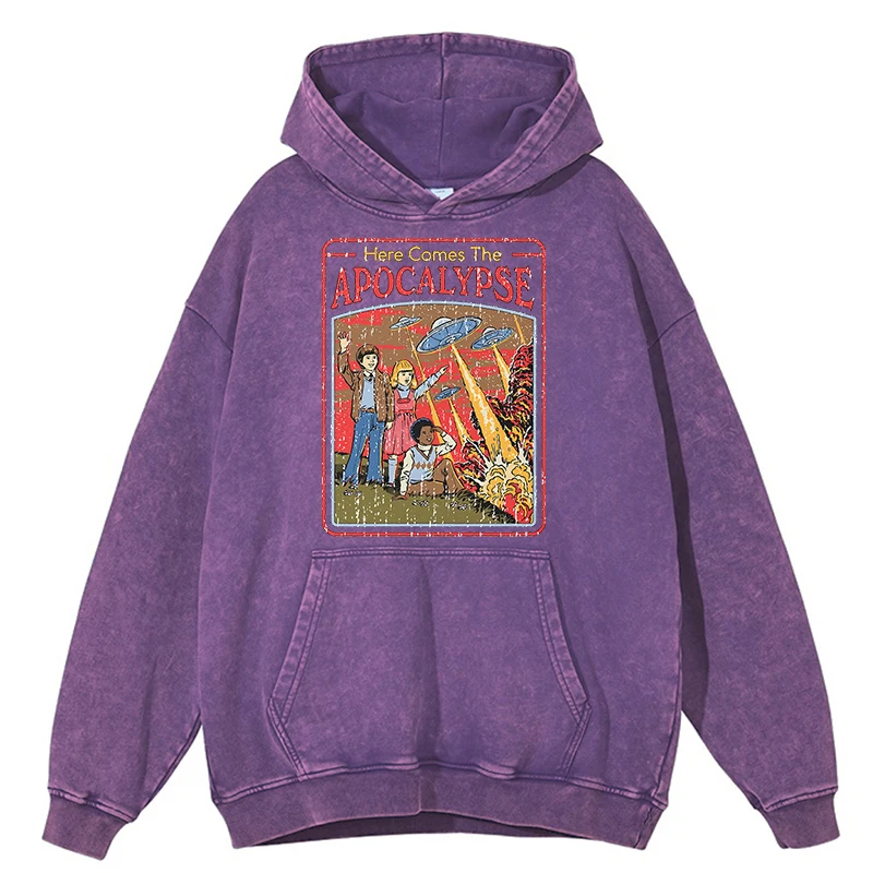 thumbnail image 1 of Sudadera con capucha retro desgastada con estampado de ovni "Here Comes The Apocalypse" para hombre, sudadera de algodón de otoño, ropa informal holgada 100 % algodón, 1 of 4