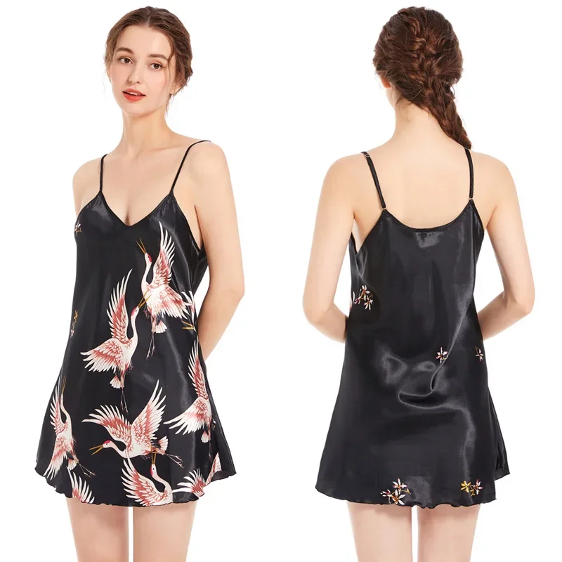 Women Sleepshirts Sexy Sleep Dress Ice Silk Satin Sleepwear Ladies Nightdress Sleeveless Nightgown Summer Homewear
