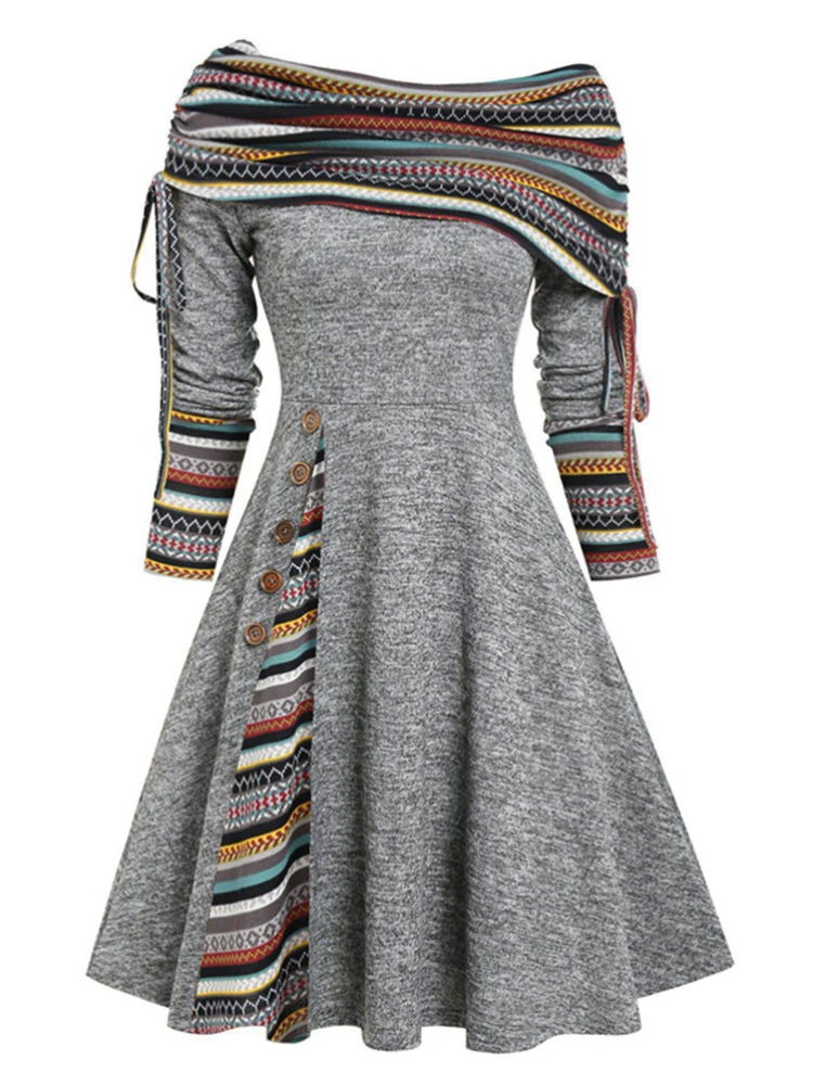 

Dresses for Women's Clothing Long Sleeve Patchwork Slash Neck Dresses Female Fashion Tunic Women's Vestidos De Mujer Femme Robe