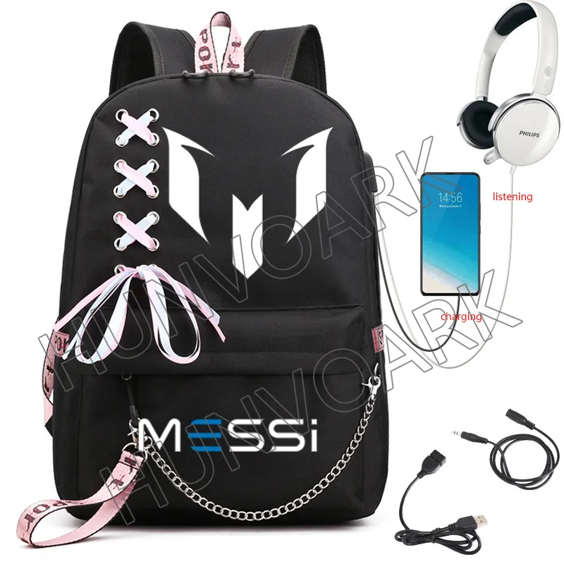 Mochila Fútbol Messi, Bolsa de viaje impermeable, Cargador USB incluido, Mochila escolar negra, Gran capacidad para viajes y escuela de alta  calidad