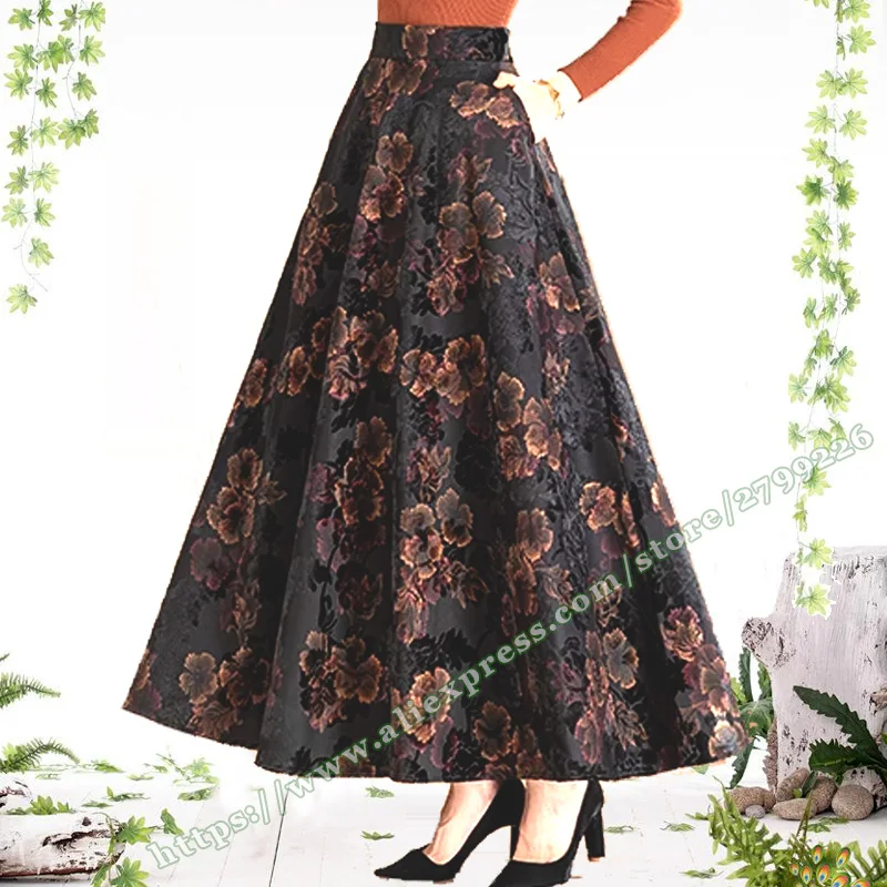 

PLUS SZIE Long skirt for middle-aged elderly 2023 New Autumn Winter Vintage Print Elegant Jacquard A-line Maxi skirts Womens