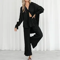 New Pajamas for Women Two-piece Set Pleated Shirt Long-sleeved Lapel Slit High Waisted Wide Pants Suit Loungewear Women Outfits