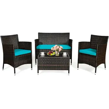 4PCS Rattan Patio Furniture Set Cushioned Sofa Chair Coffee TableTurquoise