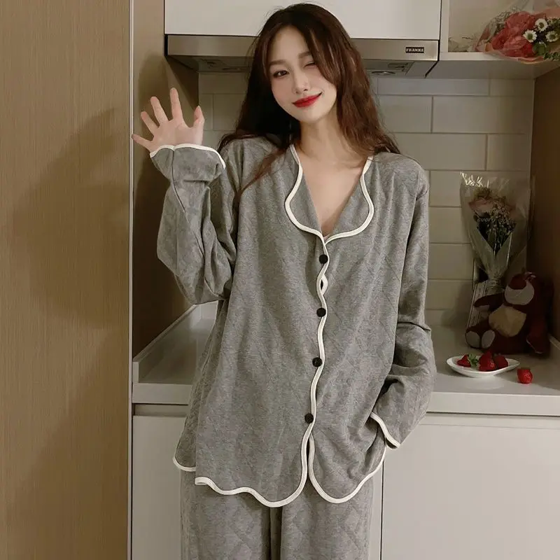 2024 Pure Cotton Pajamas Spring Autumn Women Long Sleeve High Sense Homewear Female Casual Solid Color Simple Nightclothes Suit