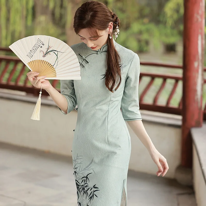 

Classic Mandarin Collar Qipao Vintage Button Chinese Traditional Dress Evening Party Dresses Women's Printed Elegant Cheongsam