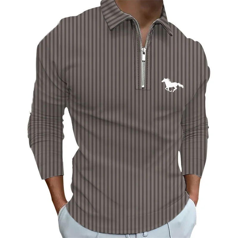 100% Polyester Fiber Zipper Striped Long Sleeved Polo Shirt Light Mature and Fashionable Men's Top Item