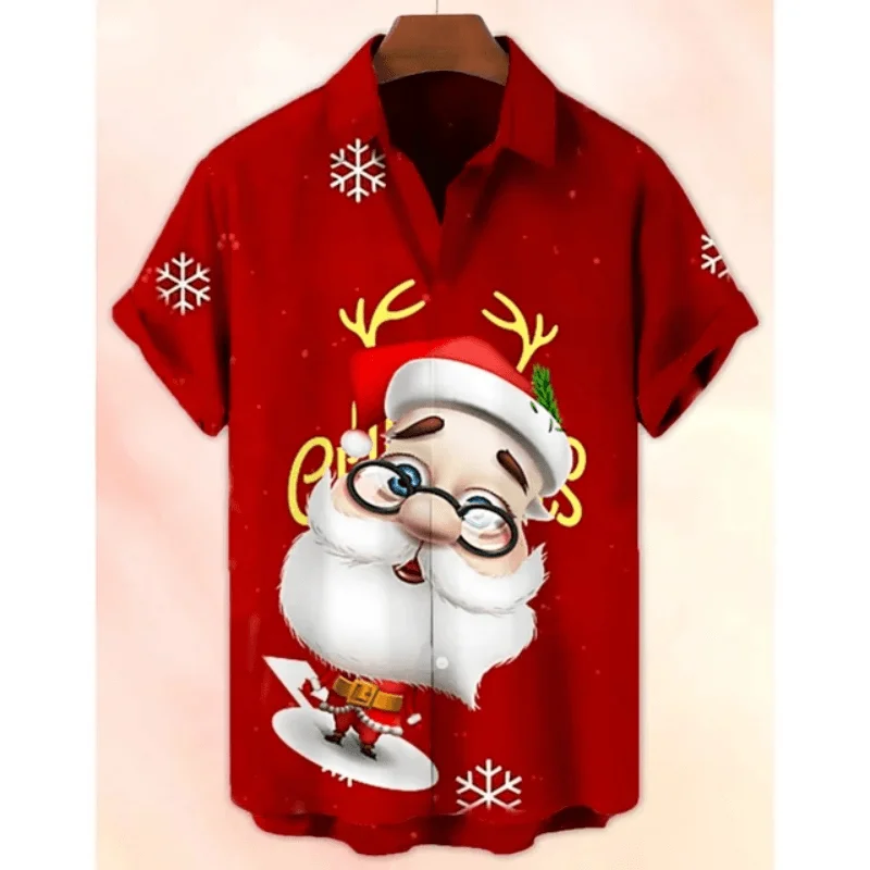 New Year Gift Christmas Funny Graphic Snowman Men's Shirt Santa Claus Short Sleeve Tops 3d Print Casual Beach Oversized Apparel