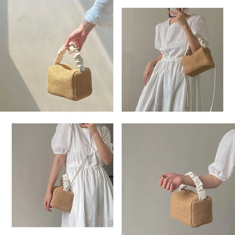 Summer Straw Handbag Women New Fashion Teenage Girls Retro Pleated Color Block Square Tote Crossbody Bag Trendy